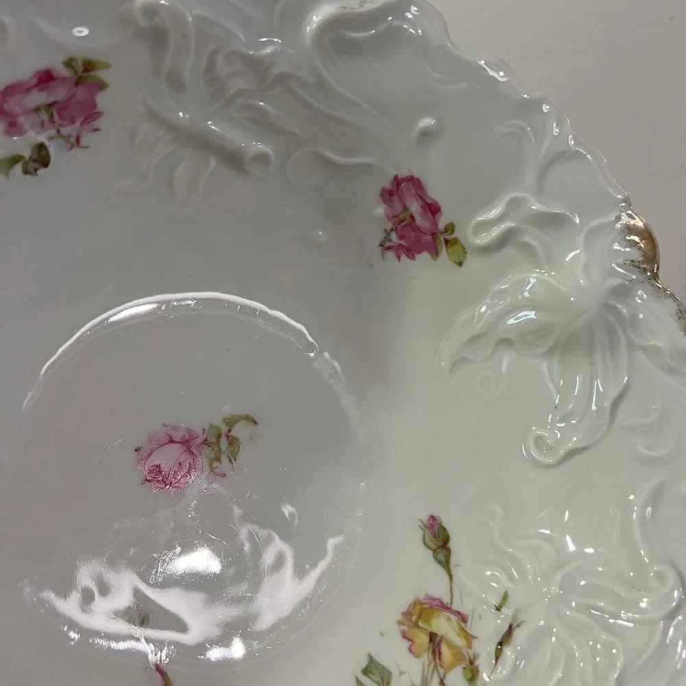 Vintage White Porcelain serving‎ bowl pink Rose floral Embossing Gold brush Trim